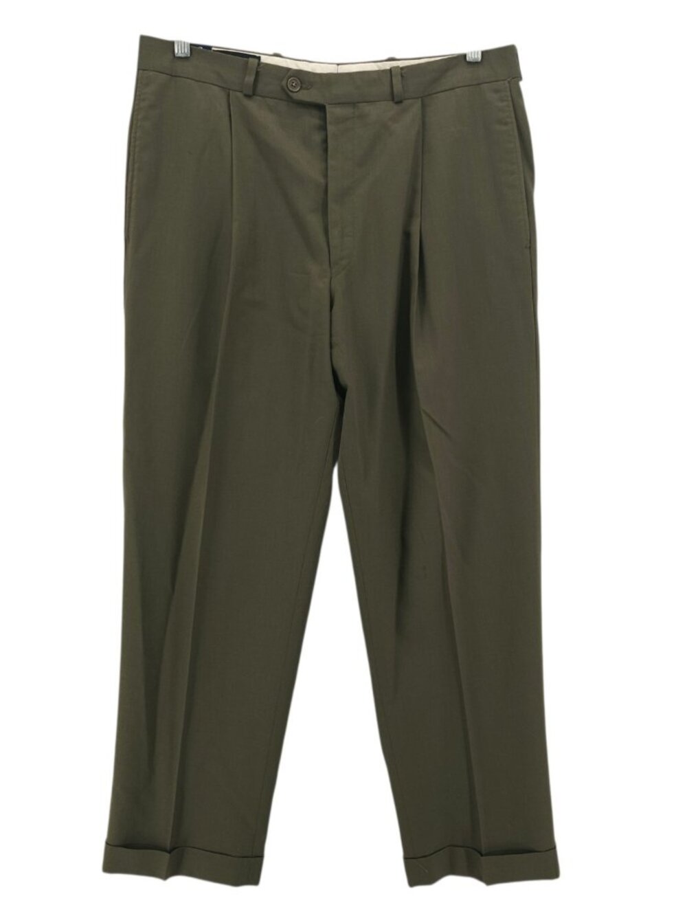 CHAPS RALPH LAUREN Vintage Pleated Pants Super 100s Wool Olive Green 34x30